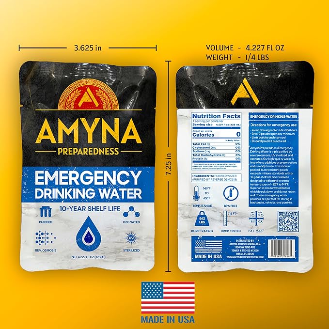 Emergency Drinking Water Pouches (96) 10-Year Shelf Life - Individual Survival Water Ration Packets for Disaster Preparedness - 4.227 fl oz / 125 ml - Made in USA