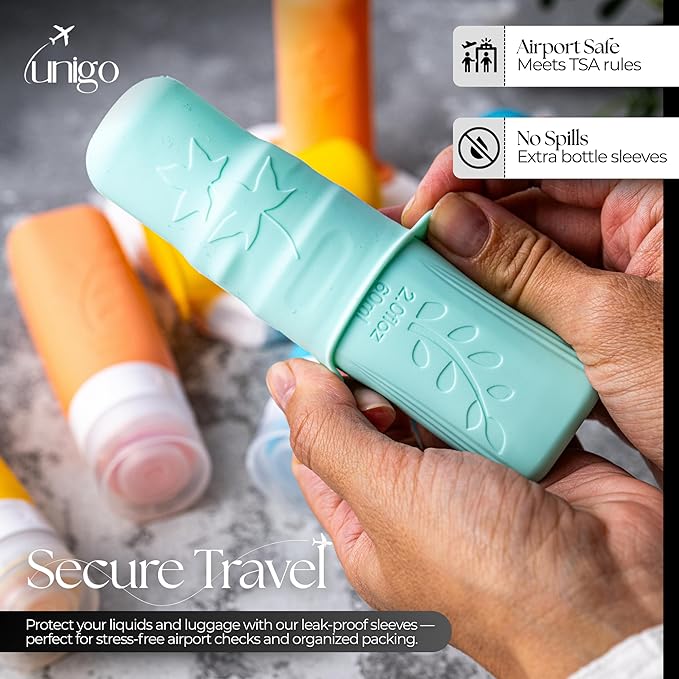 Unigo 30pack Full Set TSA Approved Travel Bottles, Travel Size Containers for Toiletries, Refillable Leakproof Travel Shampoo and Conditioner Bottles, Toiletry Containers,Extra Bottle Sleeves, (A-set)