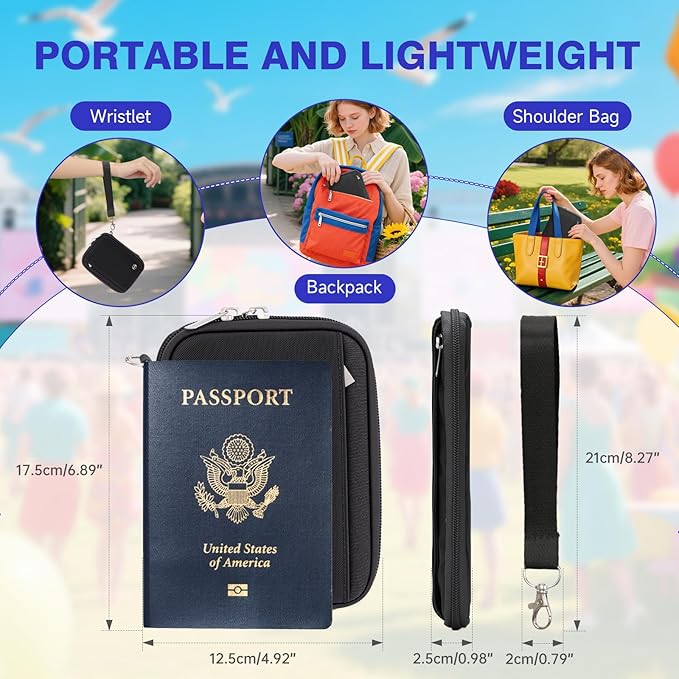 WALNEW Passport Holder for Travel - RFID Blocking Travel Wallet Essentials Organizer with Card Slots & Zipper Pocket (Women/Men), Black