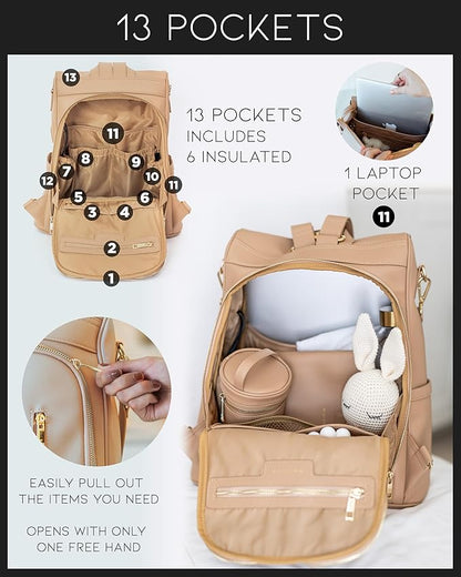 MIA + SOPHIA Leather Diaper Bag Backpack with USB Charging port, Changing Pad, Stroller Straps, and Bottle Holder (Brown Mia)