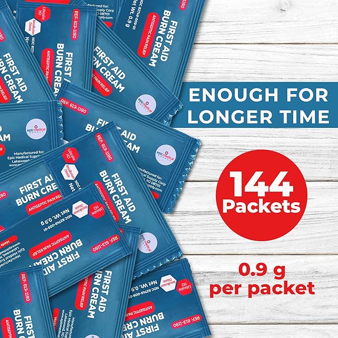 First Aid Burn Cream Packets Box of 144, Burn Ointment with Lidocaine and Benzalkonium Chloride for Minor Scrapes, Cuts, and Skin Irritations, Home and Medical Skincare