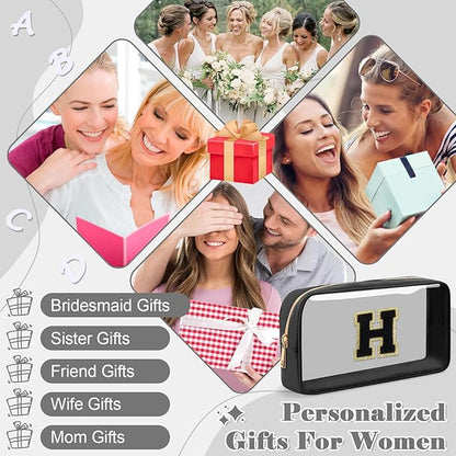 Personalized Initial Letter Clear Makeup Bag,Preppy Small Nylon&PVC Cosmetic Zipper Bag with Chenille Letter,Travel Skincare Toiletry Bag,Monogram Christmas Gift for Teen Girls Women,H