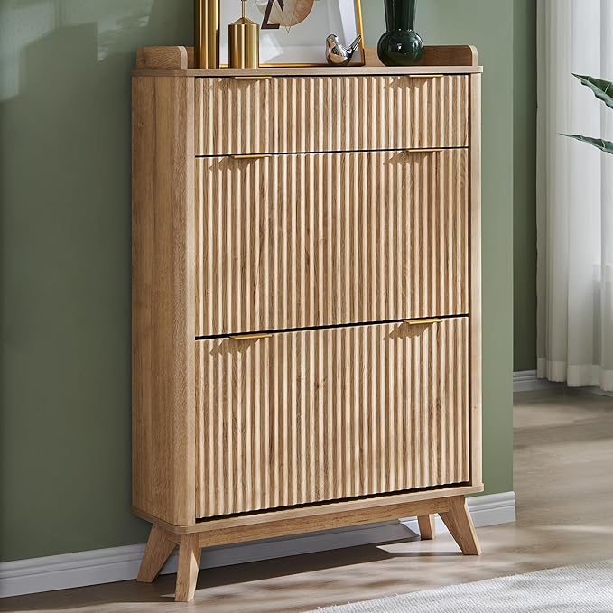 T4TREAM Fluted Shoe Storage Cabinet with 2 Flip Drawers & Top Drawer, 48" Tall Narrow Shoe Organizer, Curved Profile Design, Wooden Shoe Rack for Entryway, Hallway - Natural Oak
