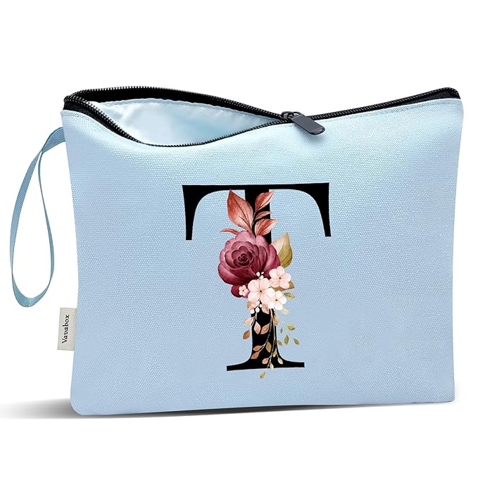 Vavabox A-Z Personalized Makeup Bag, Birthday Gifts for Women Mom, Gifts for Best Friend, Bride Bridesmaid Cosmetic bag (T, Blue)
