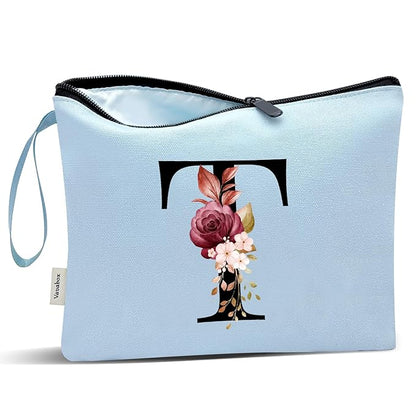 Vavabox A-Z Personalized Makeup Bag, Birthday Gifts for Women Mom, Gifts for Best Friend, Bride Bridesmaid Cosmetic bag (T, Blue)