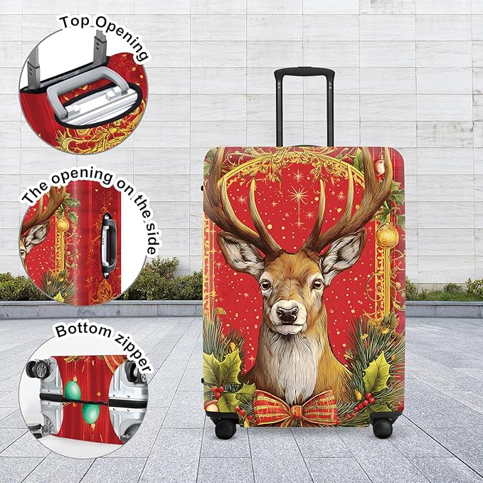 Vintage Plaid Christmas Luggage Cover - Red Tartan with Golden Deer and Holly, Classic Stretchable Suitcase Cover 24 26 Inch