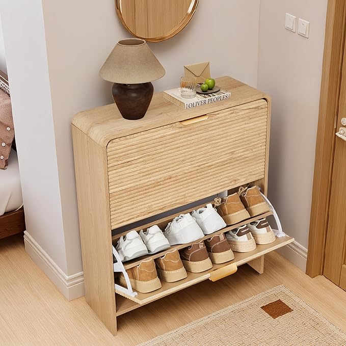 RARZOE Fluted Shoe Cabinet with 2 Flip Drawers, Narrow Curved Shoe Storage Cabinet for Entryway, Freestanding Wood Hidden Shoe Organizer Closed Shoe Rack Cabinet for Foyer, Hallway (29.5''Natural)