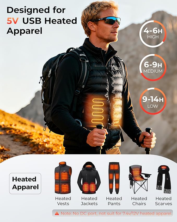 5V 3A 12000mAh Heated Vest Battery Pack, Power Bank for Heated Vest,Chair, Jacket, Blanket with LED Display,Portable Battery Pack for Soleilwear, for KOVNLO, for Yolikeb, for TIDEWE
