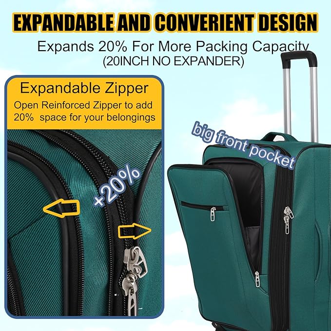 3pcs Set Softside Luggage Sets With Spinner Wheels, Expandable Softshell Suitcase Set, 28inch, 24inch, 20inch luggage with front pocket, Lightweight fabric luggage(GREEN)