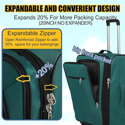 3pcs Set Softside Luggage Sets With Spinner Wheels, Expandable Softshell Suitcase Set, 28inch, 24inch, 20inch luggage with front pocket, Lightweight fabric luggage(GREEN)