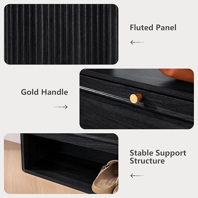 ORRD Shoe Storage Cabinet with 2 Flip Drawers, Wood Narrow Shoe Cabinet for Entryway, Fluted Hidden Shoe Organizer, Freestanding Slim Shoes Cabinets for Foyer, Hallway-Black