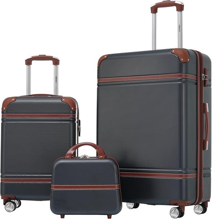 Merax Luggage Set, 2 Piece Luggage with Cosmetic Case, Vintage Hardcase Suitcase with Wheels, Expandable Luggage Airline Approved(Black,20"+28")