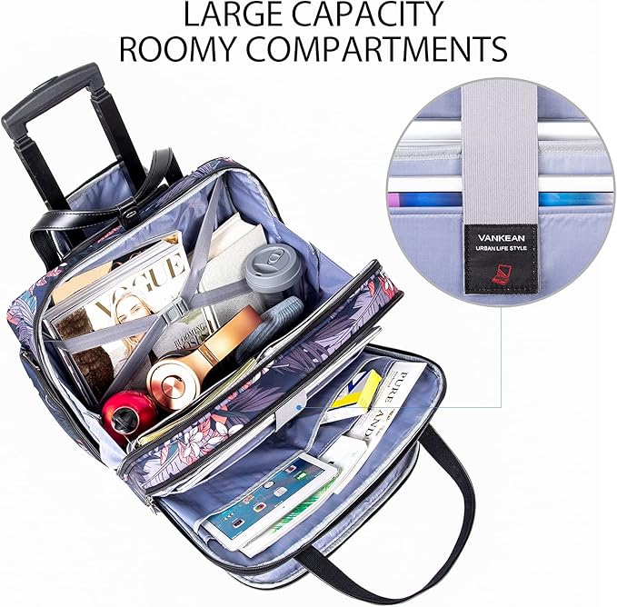 VANKEAN Rolling Laptop Case for Women, Premium Rolling Travel Bag Fits Up to 15.6 Inch Laptop Carry on Briefcase Water-Proof Overnight Computer Bags with RFID Pockets