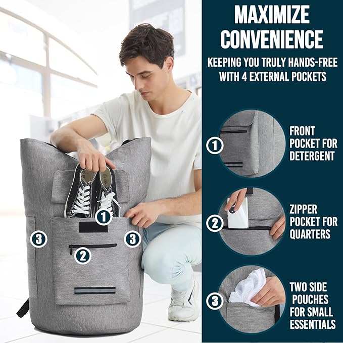 Laundry Backpack Heavy Duty, 115L Extra Large Laundry Bag with Straps, Dorm Room Essential for Guys, Backpack Laundry Bags with 4 Pockets, Laundry Hamper Bags for College Dorm, Apartment, Laundromat