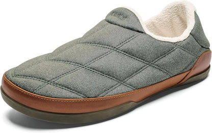 OLUKAI Puku'i Men's Fleece Slippers, Comfortable Activewear Slippers, Premium Full-Grain Leather & Jersey Knit, Drop-In Heel & All-Day Comfort