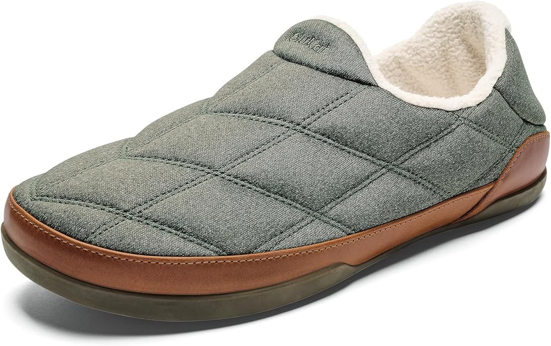 OLUKAI Puku'i Men's Fleece Slippers, Comfortable Activewear Slippers, Premium Full-Grain Leather & Jersey Knit, Drop-In Heel & All-Day Comfort