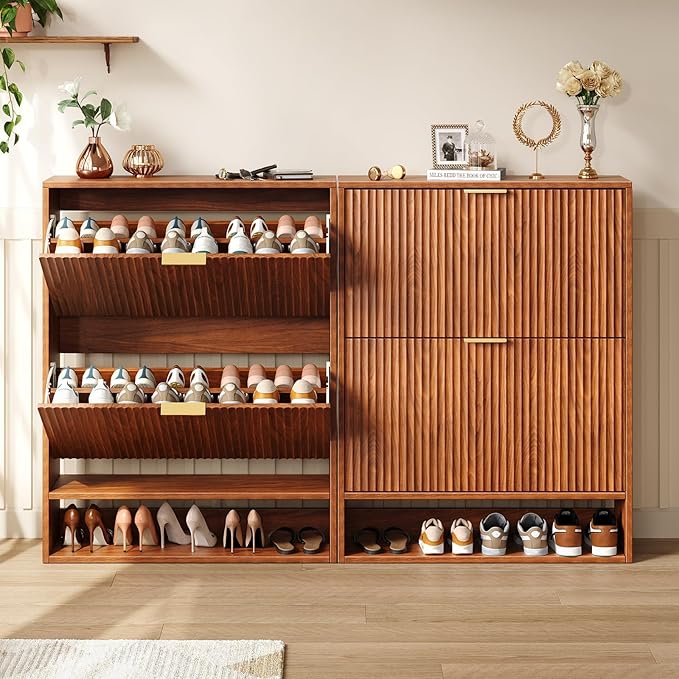 31.5''W Walnut Shoe Storage Cabinet for Entryway with 2 Flip Drawers, Narrow Wood Fluted Shoe Rack Cabinet,Freestanding Slim Shoe Organizer Cabinet for Foyer, Hallway