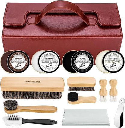 SelfTek Shoe Shine Kit - 15 PCS Shoe Polish Kit, Leather Boot Care Kit with Horsehair Brush and More with Portable Travel Case for Gentle Care Cleaning, Birthday Gifts for Men