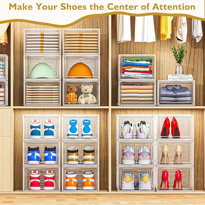 7 code Large Clear Shoe Boxes Organizer【Thicker Material】 Stronger Shoe Box with Magnetic Door, Stackable Shoe Storage Box for Closet, Foldable Space-Saving Storage Bins Shoe Cabinet, White 9 Pack