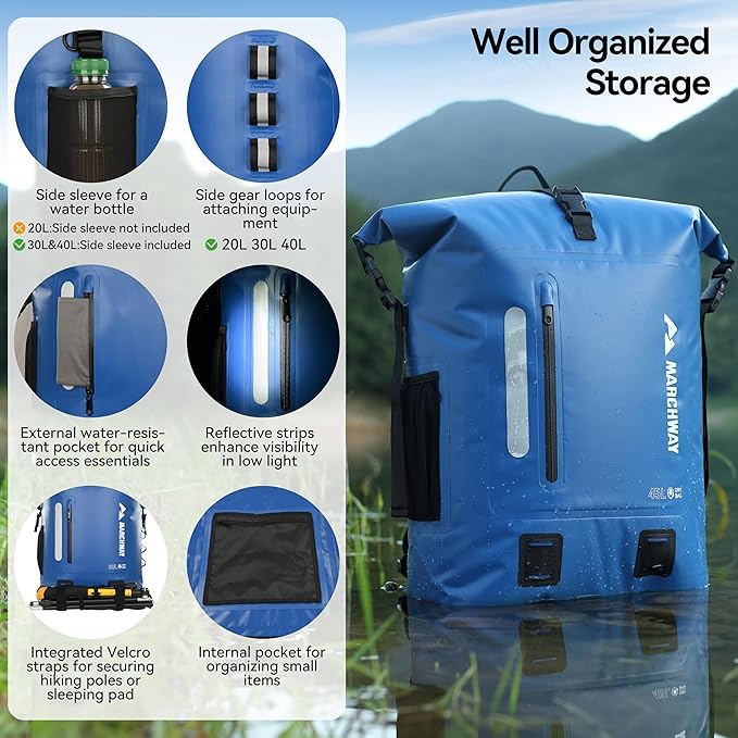 MARCHWAY Roll Top Waterproof Backpack, Floating Dry Bag 20L/30L/45L with Ergonomic Rectangular Base, Cushioned Back, Hip Strap for Hiking Camping Kayaking Travel (Blue, 30L)