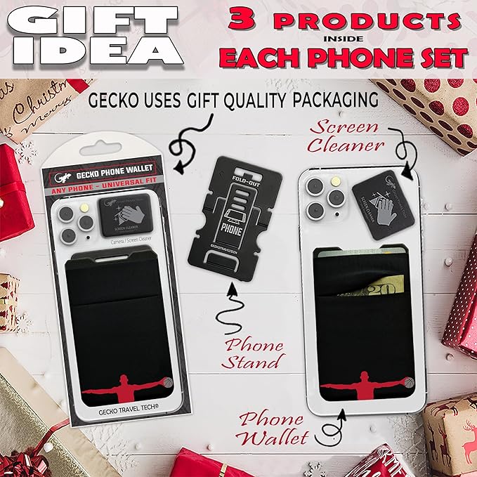 Gecko Travel Tech Double Pocket - Adhesive Card Holder - Cell Phone Pouch - Stick on Spandex Pocket - Carry Credit Cards and Cash (Basketball)
