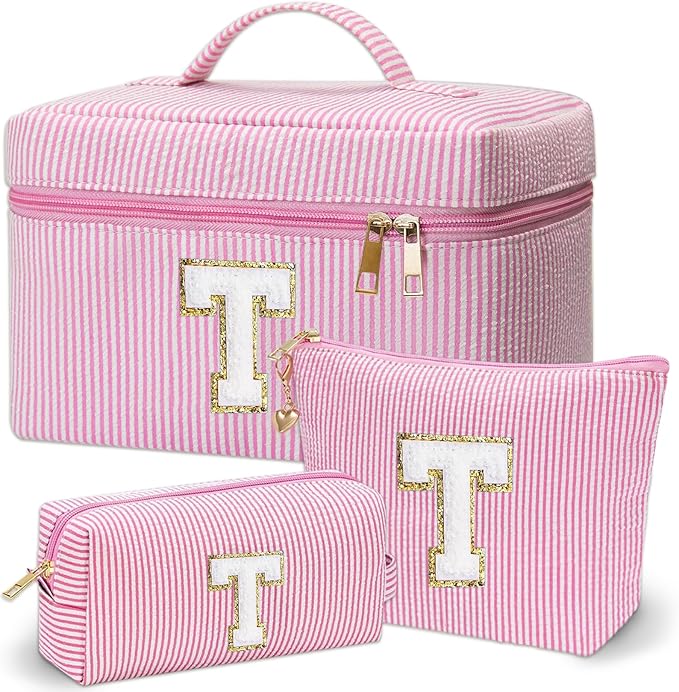 Personalized Monogram Makeup Bag, 3PCS Custom Monogrammed Toiletry Cosmetic Bag for 6-18 Teen Girls Women,Birthday Graduation Gifts Initial Pouch Makeup Bags for Women Girls, Make Up Bag (T, Pink)