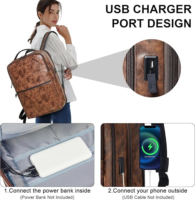 Shrrie Vegan Leather Laptop Backpack for Women&Men,16 Inch Expandable Backpack with USB Charging Port,Two-toned Brown