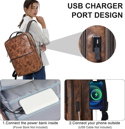Shrrie Vegan Leather Laptop Backpack for Women&Men,16 Inch Expandable Backpack with USB Charging Port,Two-toned Brown
