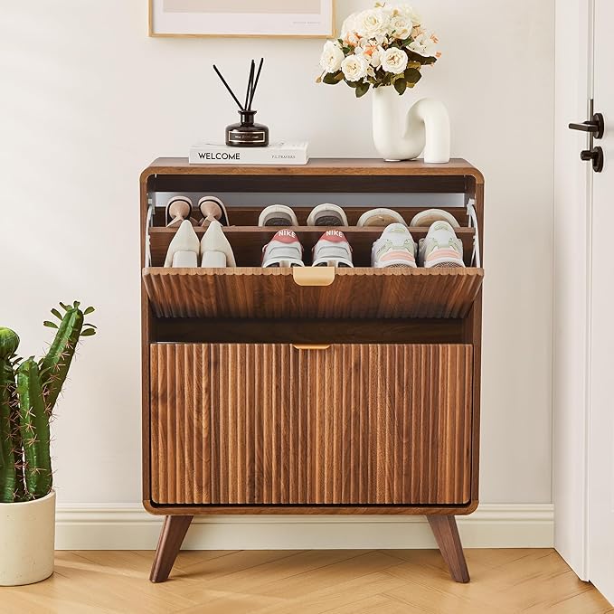 RARZOE Fluted Shoe Storage Cabinet with 2 Flip Drawers, Narrow Curved Shoe Cabinet for Entryway, Freestanding Wood Hidden Shoe Organizer Closed Shoe Rack Cabinet for Foyer, Hallway (27.5''Walnut)