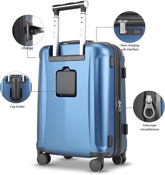Luggage Sets 3 Piece with Cup Holder & USB Port, Expandable PC Hardside Durable Suitcases with Spinner Wheels & TSA Lock, 20/24/28 Inch, Blue