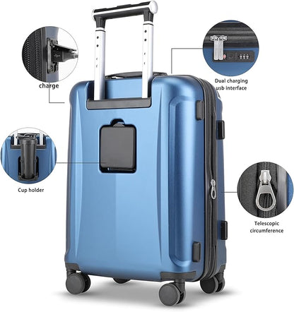 Luggage Sets 3 Piece with Cup Holder & USB Port, Expandable PC Hardside Durable Suitcases with Spinner Wheels & TSA Lock, 20/24/28 Inch, Blue