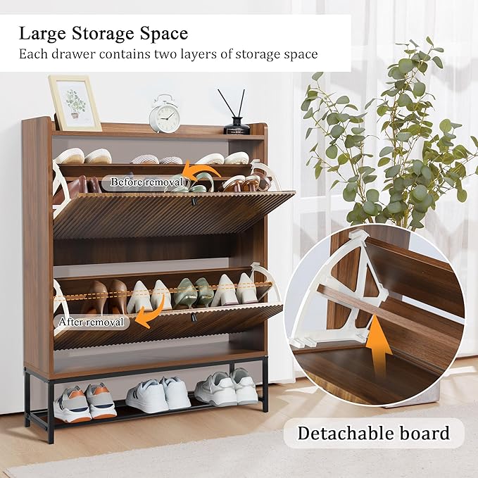 RARZOE Fluted Shoe Cabinet for Entryway with 2 Flip Drawers, Narrow Wood Shoe Cabinet with Fluted Panel, Slim Hidden Shoe Organizer Closed Shoe Rack with Metal Legs for Foyer,Hallway(31.5''Walnut)