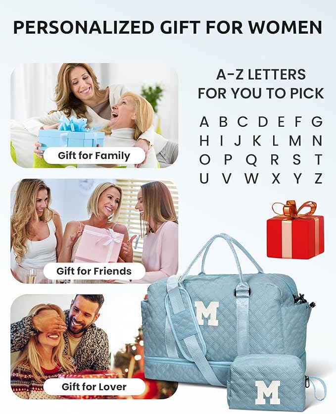 Personalized Duffle Bag-Initial, Overnight Weekend Travel, Monogram Letter Daughter Friend Gifts (Letter S) with Shoe Compartment and Makeup Bag