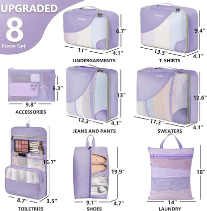 8 Set Packing Cubes for Travel, Anti-Tearing Suitcase Organizer for Luggage with Shoe & Hanging Toiletry Bag,Gifts for Women Mom,OlarHike Vacation Essentials & Accessories for Cruise Ship,Lavender