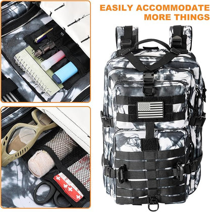 MOLLE Assault Backpack, Tactical Backpack Military Army Camping Rucksack, 3-Day Pack Trip w/USA Flag Patch, D-Rings, Black White camo