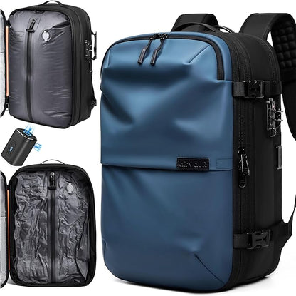 AirVault Vacuum Seal Travel Backpack 60L with Expandable Vortex Air Compression Vacuum System Water Resistant TSA Lock (Vacuum Pump Included, Blue, 60L)