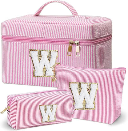 Personalized Monogram Makeup Bag, 3PCS Custom Monogrammed Toiletry Cosmetic Bag for 6-18 Teen Girls Women,Birthday Graduation Gifts Initial Pouch Makeup Bags for Women Girls, Make Up Bag (W, Pink)