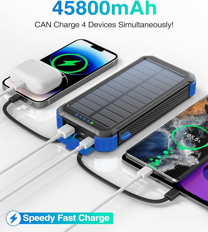 LATIMERIA 45800mAh Solar Charger Power Bank, Portable Phone Charger with 5V3.1A QC 3.0 Fast Charging, Solar Panel USB C in/Output for Cellphone, External Battery Pack with Dual Flashlights for Hiking