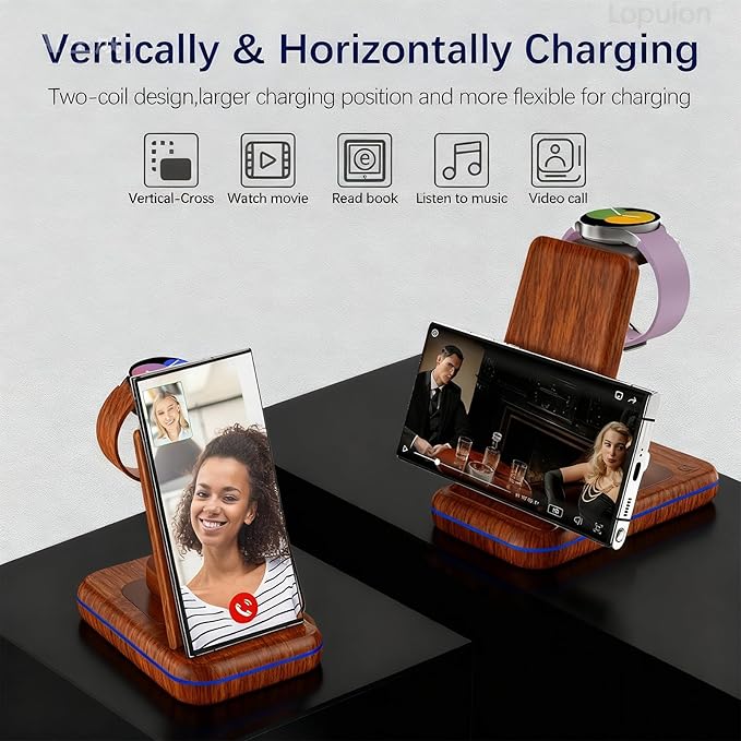 Wireless Charging Station for Samsung/Android, Fast Wireless Watch Charger Station Compatible for Samsung Galaxy S25 Ultra/S24/S23+/Z Flip 7/6 Fold 7/6, Watch8/7/Pro/Active 2 Galaxy Buds3/2 Pro(Wood)