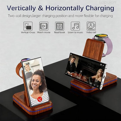 Wireless Charging Station for Samsung/Android, Fast Wireless Watch Charger Station Compatible for Samsung Galaxy S25 Ultra/S24/S23+/Z Flip 7/6 Fold 7/6, Watch8/7/Pro/Active 2 Galaxy Buds3/2 Pro(Wood)