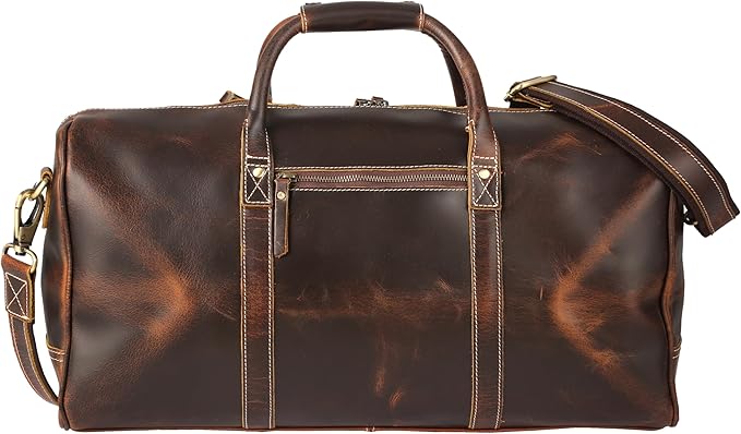 KomalC Leather Duffle Bags for Men and Women Travel Overnight Weekend sports bag holdall Gym Duffel for Men (Dark Tan, 20 Inch)