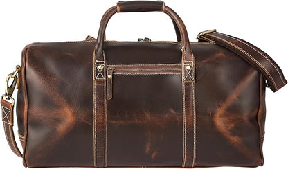 KomalC Leather Duffle Bags for Men and Women Travel Overnight Weekend sports bag holdall Gym Duffel for Men (Dark Tan, 20 Inch)
