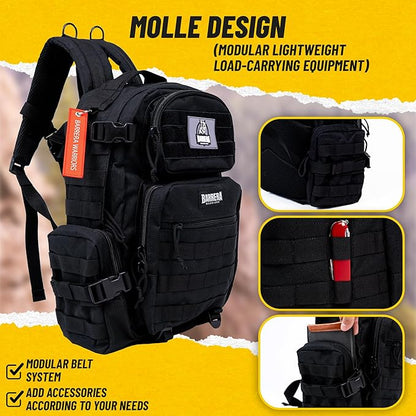 25 L Tactical Backpack: durable military-style backpack with MOLLE system for everyday use, travel, gym, hiking, fishing, camping, and outdoor sports. (BLACK 25L)