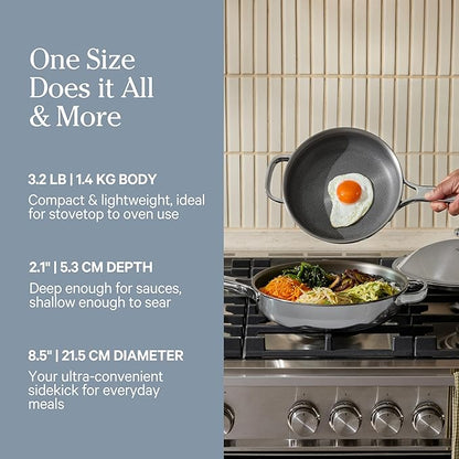Our Place Mini Titanium Always Pan Pro | 8.5" PFAS-Free Nonstick Frying Pan with Spatula | Chef-Grade Tri-Ply Stainless Steel & Aluminum Build | Induction & Oven-Safe up to 1000°F | Chrome