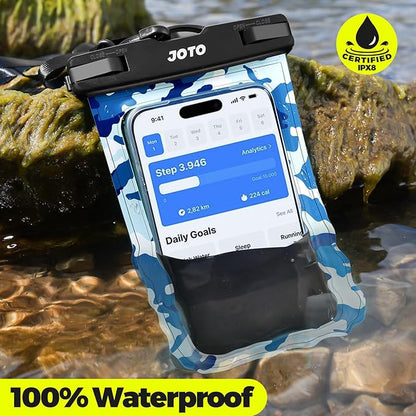 JOTO Up to 7" Universal Waterproof Phone Case for iPhone 17 Air 16 15 14 13 12 11 Plus Pro Max, IPX8 Cellphone Dry Bag XR X SE, Galaxy S23 S22 S21 S20+ S20 S10 Plus Note, Pixel -CamoBlue