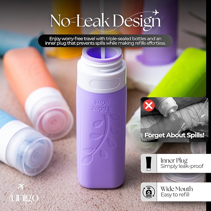 unigo Travel Bottles For Toiletries, 5-pack 3.oz TSA Aprroved Travel Size Bottles, Containers For Toiletries, BPA Free, Leak Prrof, Refillable Containers Bottles (MultiColor A)