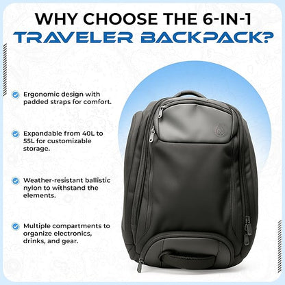 6-in-1 Traveler Backpack – Convertible Carry-On Travel Bag, Expandable 40–55L Storage, Ergonomic Design with Drink Holders & Padded Laptop Pocket, Weather-Resistant Ballistic Nylon, Black