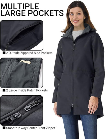 Outdoor Ventures Women's Softshell Jacket with Removable Hood Fleece Lined Windbreaker Insulated Long Warm Rain Jacket