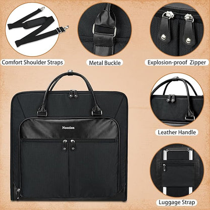 Garment Bag Travel Large Leather Carry On Suit Bag with Strap for Business Hanging Suitcase Luggage Bags for Men Women (Black)
