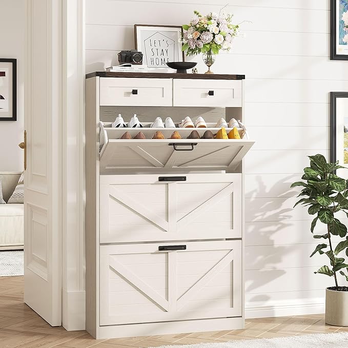 Shoe Cabinet with 3 Flip Drawers & 2 Drawers,Freestanding Shoe Storage Cabinet for Entryway,Farmhouse Narrow Slim Organizer Rack for Foyer,Hallway,White